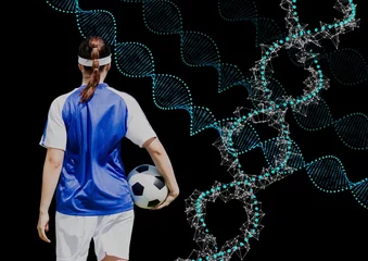 Foto op Plexiglas soccer woman with technological dna chains. Black background © vectorfusionart