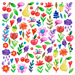 Cute garden flower and plants with fruits and berries For invitation, kindergarten, wedding invitations, nursery, posters, banners, covers, books, textbooks, notepads
