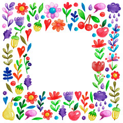 Cute garden flower and plants with fruits and berries For invitation, kindergarten, wedding invitations, nursery, posters, banners, covers, books, textbooks, notepads