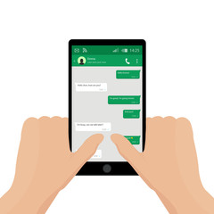 Hand holding mobile phone. Vector illustration. Social network concept. Vector. Messenger window. Chating and messaging concept. Green chat boxes.