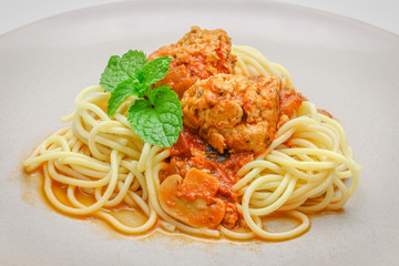 Closeup top view dish of spaghetti meat ball