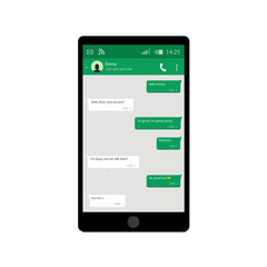 Mobile phone. Vector illustration. Social network concept. Vector. Messenger window. Chating and messaging concept. Green chat boxes.