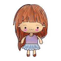colored crayon silhouette of kawaii little girl with long hair and facial expression exhausted vector illustration