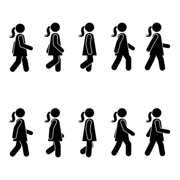 Woman people various walking position. Posture stick figure. Vector standing person icon symbol sign pictogram on white