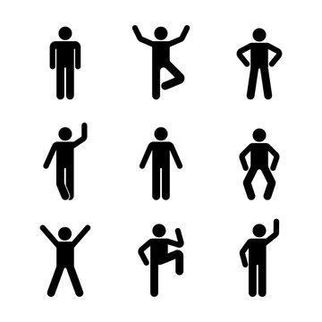 Man people various standing position. Posture stick figure. Vector illustration of posing person icon symbol sign pictogram on white