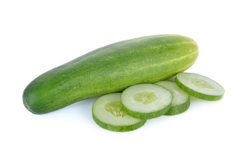 whole and sliced fresh cucumber on white background