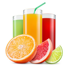 Isolated drinks. Glasses of fresh citrus juices (orange, grapefruit, lime) and cut fruits isolated on white background