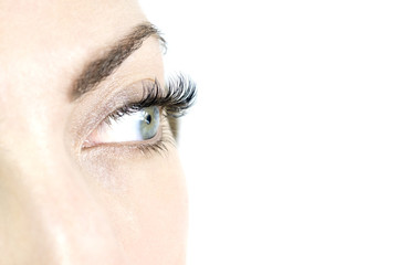 Closeup image of long black eyelashes, over a white background.