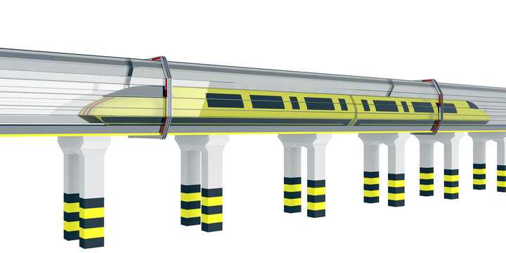 Futuristic electric train swiftly moves in a glass tunnel, 3d render, 3d illustration