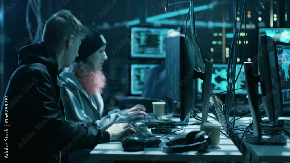 Poster group of teenage hackers attacking cyber security servers with virus from their underground hideout.