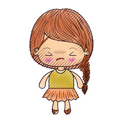colored crayon silhouette of kawaii little girl with braided hair and facial expression angry with closed eyes vector illustration