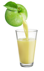 Fresh juice pours from apple fruit into the glass isolated on white background.