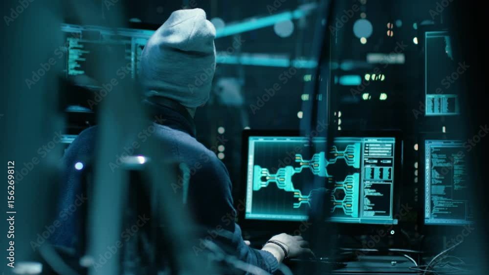 Poster back view of teenage hacker infecting with virus data servers of government infrastructures. his hid