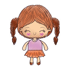 colored crayon silhouette of kawaii little girl with braided hair and facial expression happiness with closed eyes vector illustration