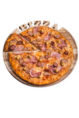 Italian pizza with ham sausage and mustard. A series of different types of pizza for menus photographed from one angle