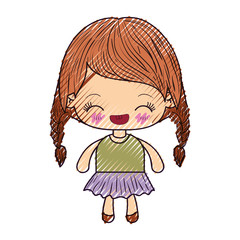 colored crayon silhouette of kawaii little girl with braided hair and facial expression laughing vector illustration