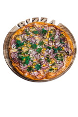 Italian pizza with ham corn cucumber and onion. A series of different types of pizza for menus from one angle