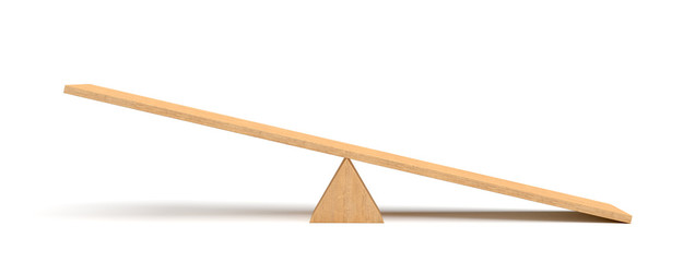 3d rendering of a light wooden seesaw with the right side leaning to the ground on white background.
