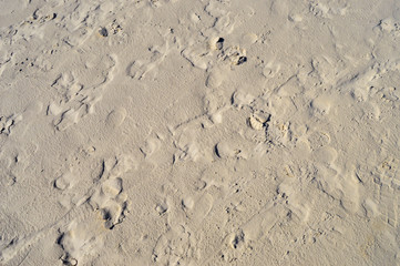 Mark of feet in the white sand of a beach