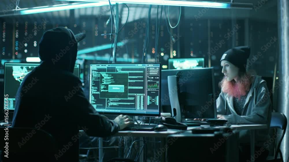 Leinwandbilder Team of Teenage Hackers Successfully Attack Global Infrastructure Servers, They High-Five. Display Showing Stages of Hacking in Progress: Exploiting Vulnerability, Executing and Granted Access.  