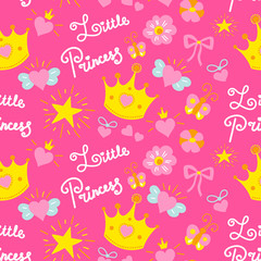 Pink little princess pattern vector. Girl baby background for template birthday card, baby shower invitation, kids wallpaper and fabric. Sweet print with stars, crowns, bows and hearts.