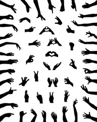 Black silhouettes of hands in various positions, vector