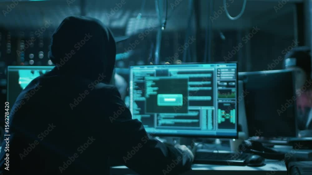 Leinwandbilder Hooded Teenage Hacker Successfully Attacks Global Infrastructure Servers with Malware. Display Showing Stages of Hacking in Progress: Exploiting Vulnerability, Executing and Granted Access. 