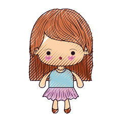 colored crayon silhouette of kawaii little girl with straight hair and facial expression surprised vector illustration
