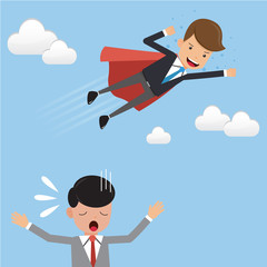 Businessman Superhero in Suit Fly Over His Competitor. Concept business vector illustration Flat Style.