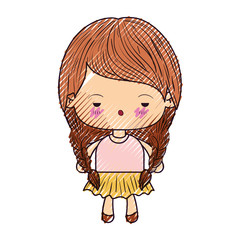 colored crayon silhouette of kawaii little girl with braided hair and facial expression depressed vector illustration