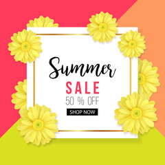 Summer sale background with beautiful yellow flower. Vector illustration template. Banners. Wallpaper. Flyers, invitation, posters, brochure, voucher discount.