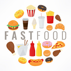 Fast food background with colorful food icons. Tasty food concept. Vector