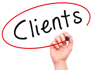 Man Hand writing Clients with black marker on visual screen