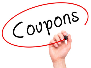 Man Hand writing Coupons black marker on visual screen