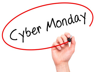 Man Hand writing Cyber Monday with black marker on visual screen
