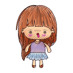 colored crayon silhouette of kawaii little girl with long hair and facial expression furious vector illustration