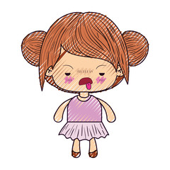 colored crayon silhouette of kawaii little girl with collected hair and facial expression unsavory vector illustration