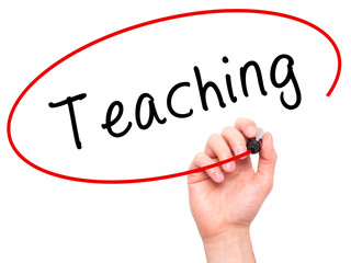 Man Hand writing Teaching with black marker on visual screen