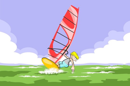 Windsurfing boy in the sea