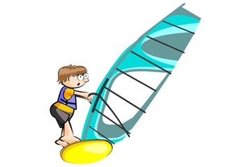 Boy windsurfing isolated on white background