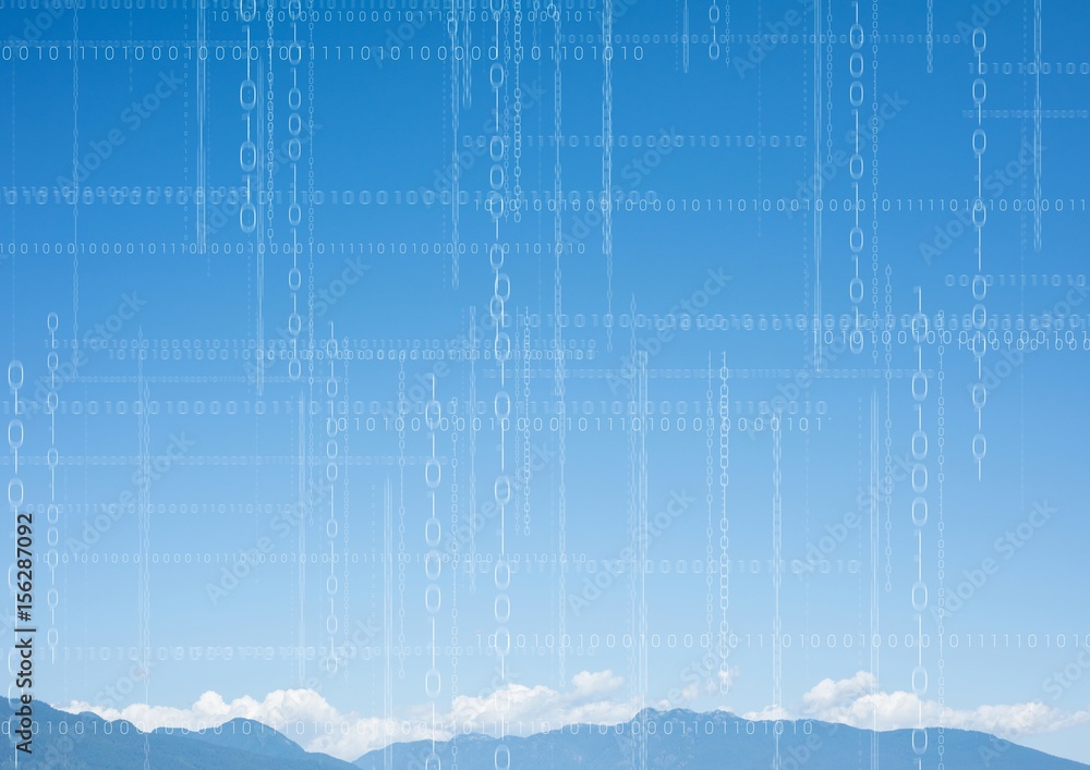 Poster white binary code against mountain tops