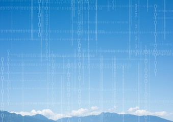 White binary code against mountain tops