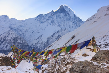 Prayer flags and snow mountain of Himalaya Annapurna base camp, Nepal
