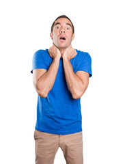 Depressed young man against white background