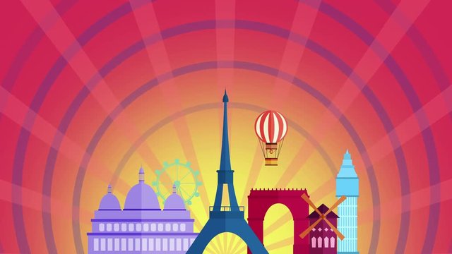 colorful cartoon Paris Background loop full hd and 4k with space for your text or logo. Animation of France icons with sunburst in background. vacation and travel concept.