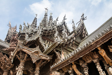 Details of Sanctuary of Truth temple (Prasat Satchatham),handmade reliefs and sculptures, Pattaya, Thailand