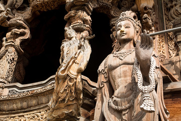 Details of Sanctuary of Truth temple (Prasat Satchatham),handmade reliefs and sculptures, Pattaya,...