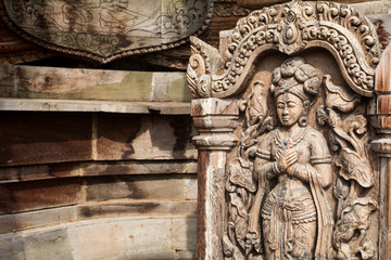 Details of Sanctuary of Truth temple (Prasat Satchatham),handmade reliefs and sculptures, Pattaya, Thailand