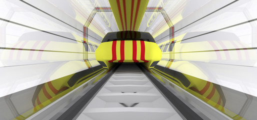 Futuristic electric train swiftly moves in a glass tunnel, 3d render, 3d illustration