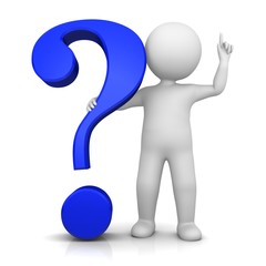 question mark blue 3d interrogation point asking sign isolated on white background with man as stickman in thinker pose or with idea gesture colored for business presentations or internet